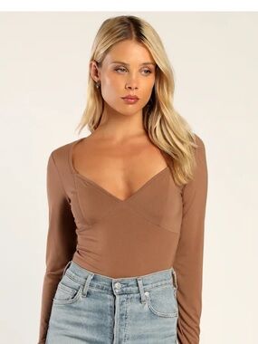 NWOT Lulus Keepin' It Stylish Light Brown Long Sleeve Bodysuit